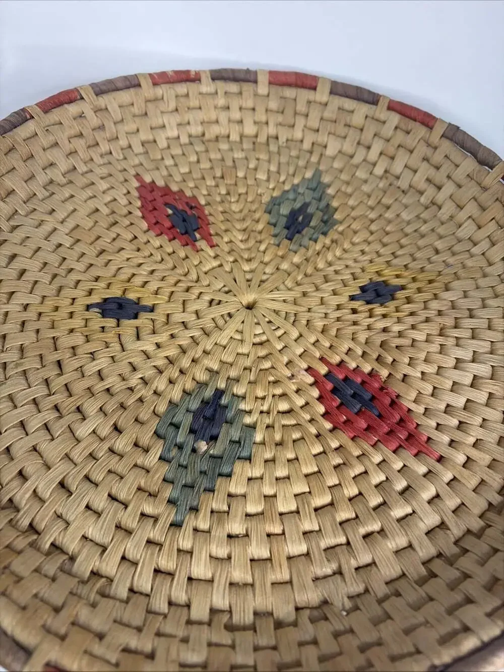 Vintage Round Hand Woven Colorful Basket 13” X 2”